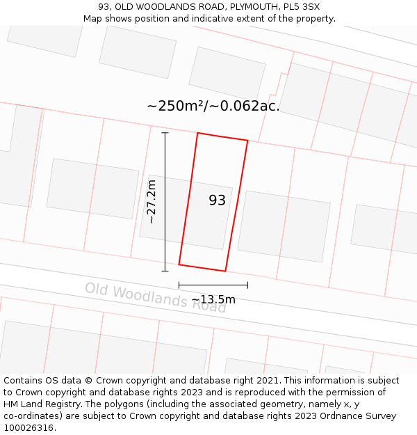 93, OLD WOODLANDS ROAD, PLYMOUTH, PL5 3SX: Plot and title map