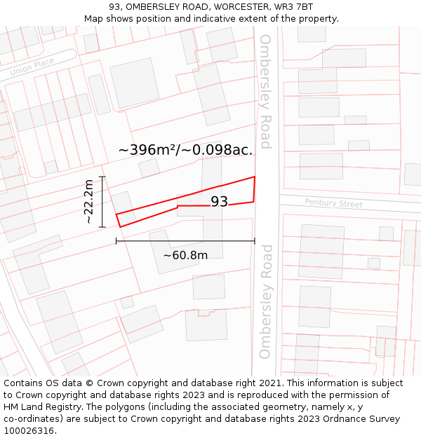 93, OMBERSLEY ROAD, WORCESTER, WR3 7BT: Plot and title map