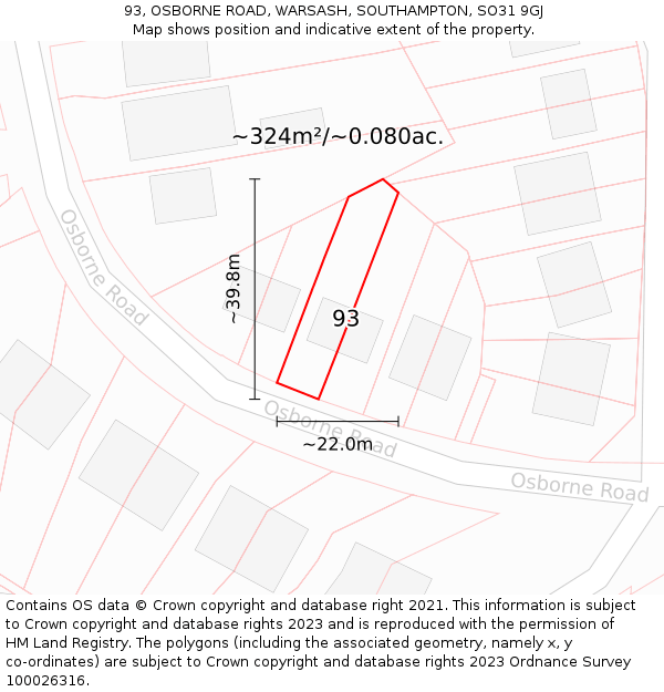 93, OSBORNE ROAD, WARSASH, SOUTHAMPTON, SO31 9GJ: Plot and title map