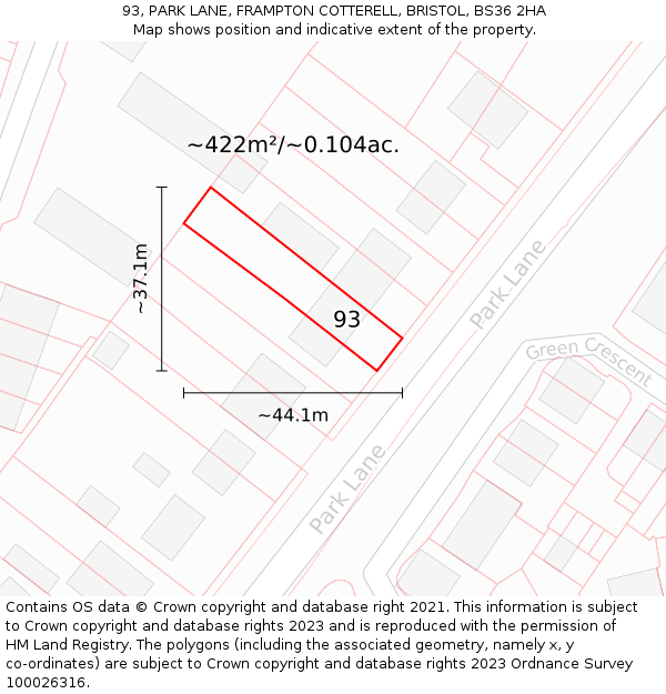 93, PARK LANE, FRAMPTON COTTERELL, BRISTOL, BS36 2HA: Plot and title map