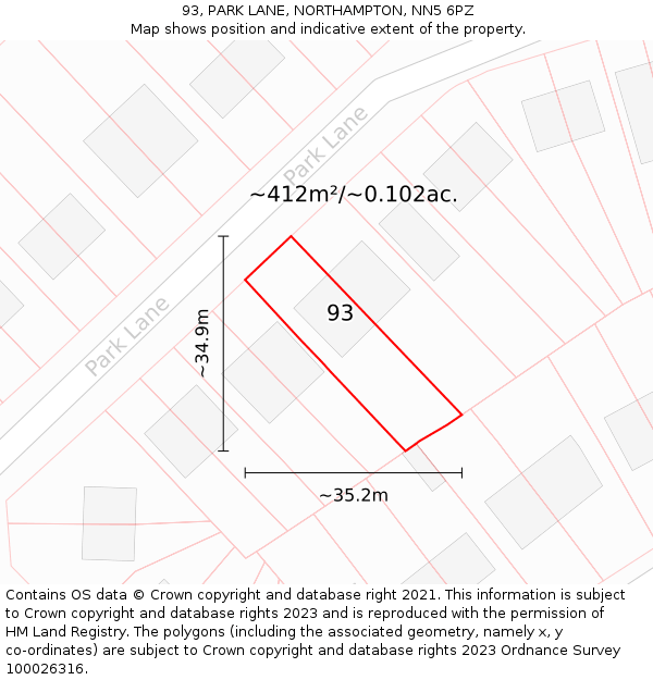 93, PARK LANE, NORTHAMPTON, NN5 6PZ: Plot and title map