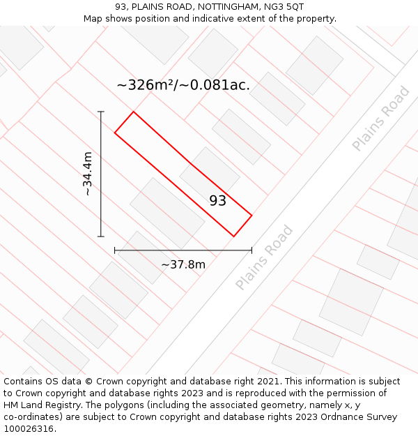 93, PLAINS ROAD, NOTTINGHAM, NG3 5QT: Plot and title map