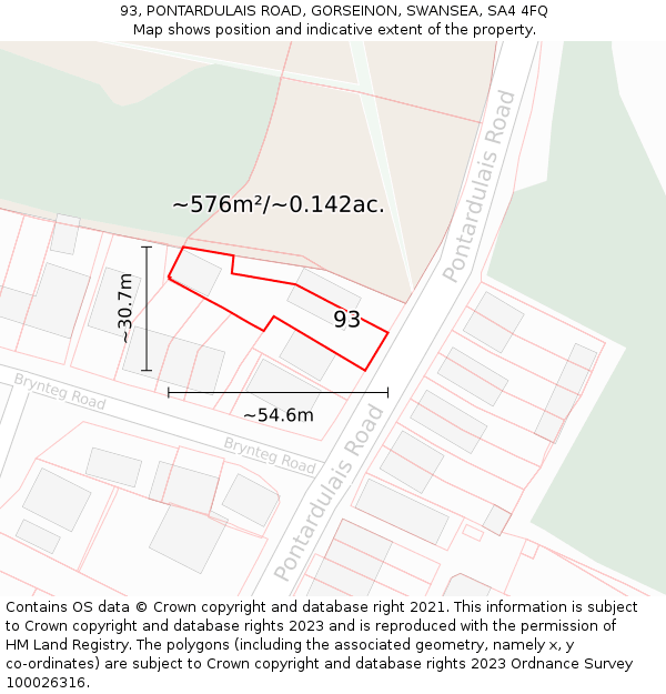 93, PONTARDULAIS ROAD, GORSEINON, SWANSEA, SA4 4FQ: Plot and title map