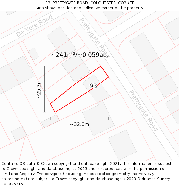 93, PRETTYGATE ROAD, COLCHESTER, CO3 4EE: Plot and title map