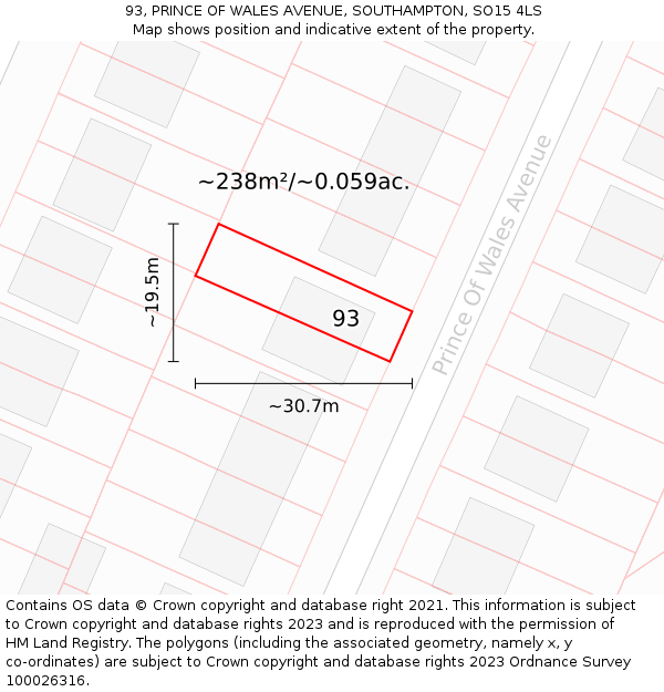 93, PRINCE OF WALES AVENUE, SOUTHAMPTON, SO15 4LS: Plot and title map