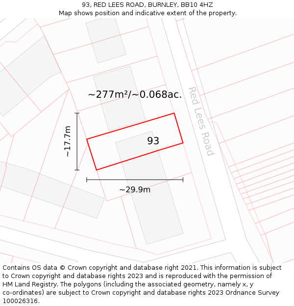 93, RED LEES ROAD, BURNLEY, BB10 4HZ: Plot and title map