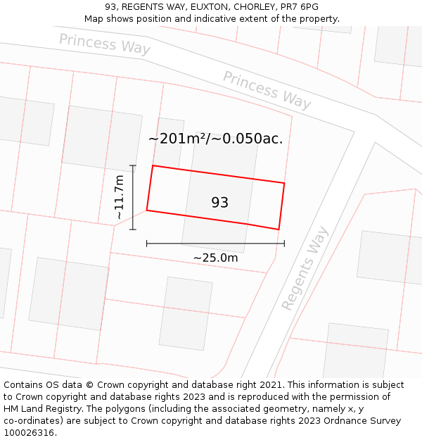 93, REGENTS WAY, EUXTON, CHORLEY, PR7 6PG: Plot and title map