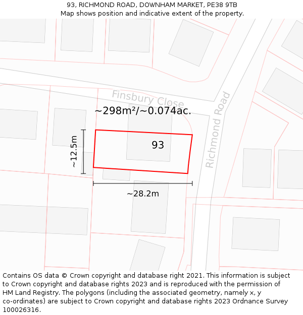 93, RICHMOND ROAD, DOWNHAM MARKET, PE38 9TB: Plot and title map