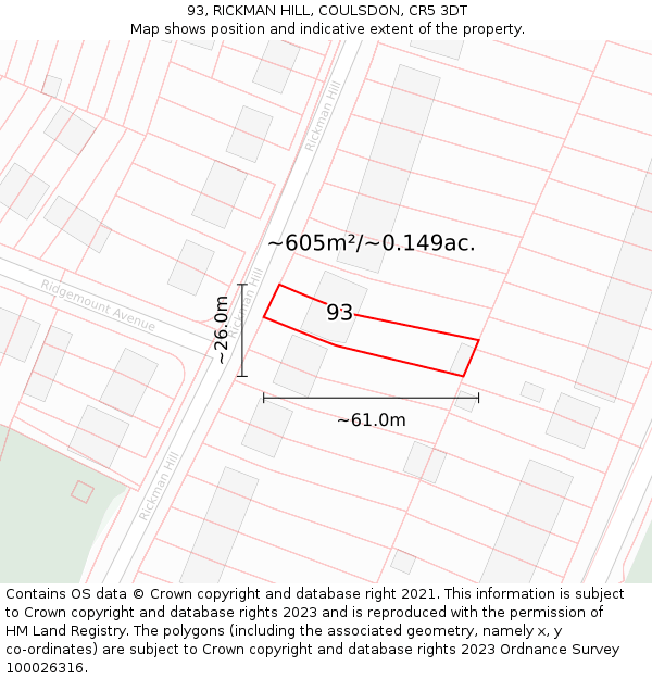 93, RICKMAN HILL, COULSDON, CR5 3DT: Plot and title map