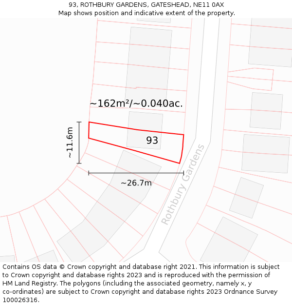 93, ROTHBURY GARDENS, GATESHEAD, NE11 0AX: Plot and title map