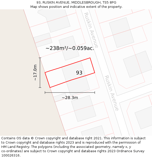 93, RUSKIN AVENUE, MIDDLESBROUGH, TS5 8PG: Plot and title map