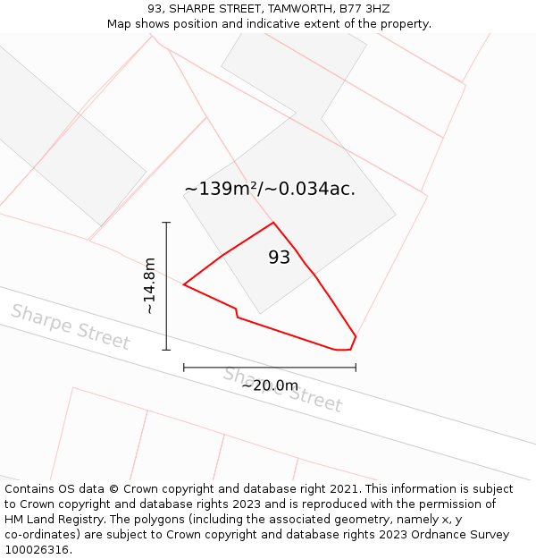 93, SHARPE STREET, TAMWORTH, B77 3HZ: Plot and title map