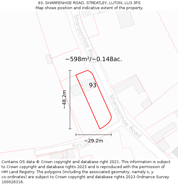 93, SHARPENHOE ROAD, STREATLEY, LUTON, LU3 3PS: Plot and title map