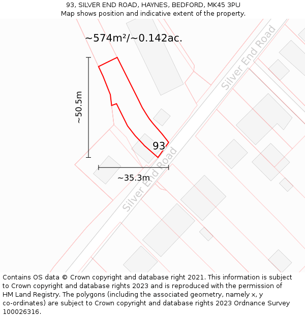 93, SILVER END ROAD, HAYNES, BEDFORD, MK45 3PU: Plot and title map