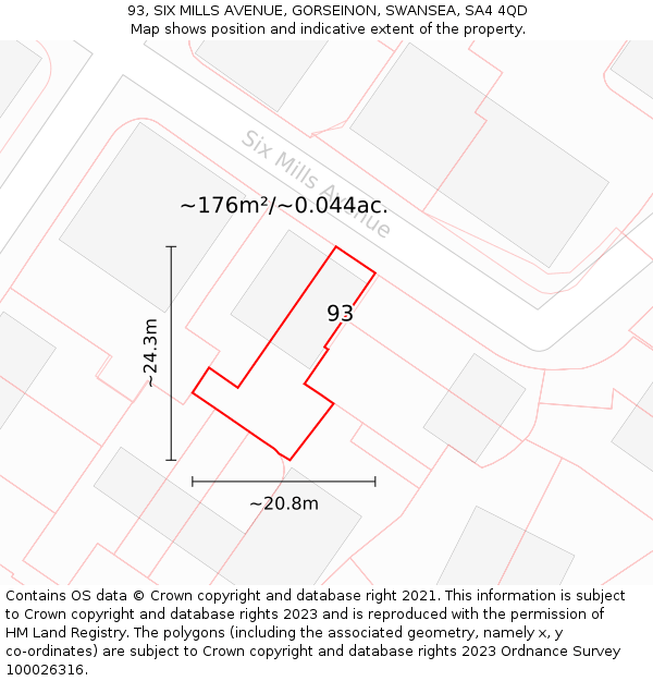 93, SIX MILLS AVENUE, GORSEINON, SWANSEA, SA4 4QD: Plot and title map