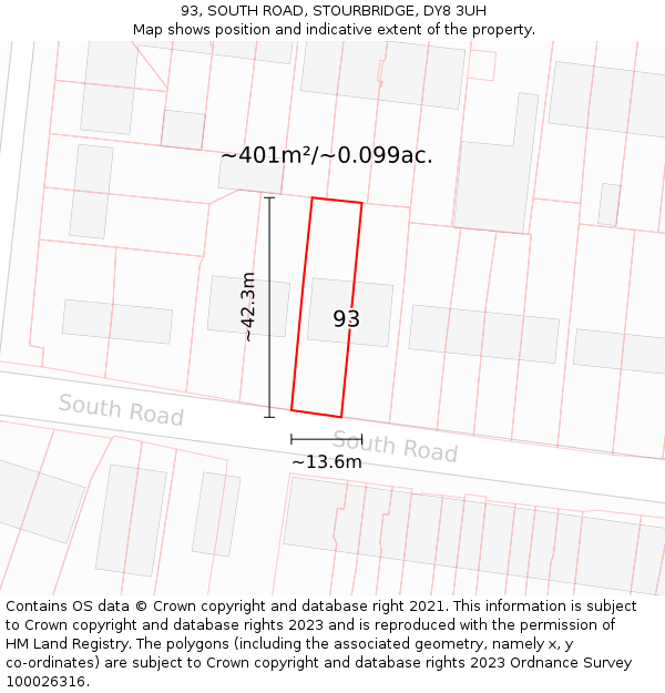 93, SOUTH ROAD, STOURBRIDGE, DY8 3UH: Plot and title map