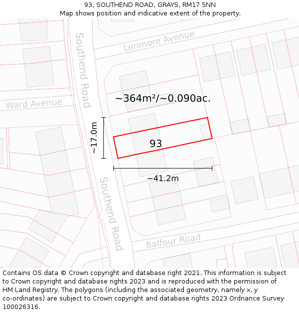 93, SOUTHEND ROAD, GRAYS, RM17 5NN: Plot and title map