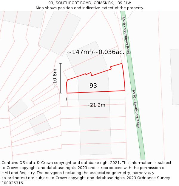 93, SOUTHPORT ROAD, ORMSKIRK, L39 1LW: Plot and title map