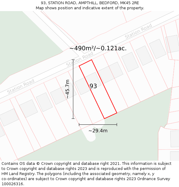 93, STATION ROAD, AMPTHILL, BEDFORD, MK45 2RE: Plot and title map