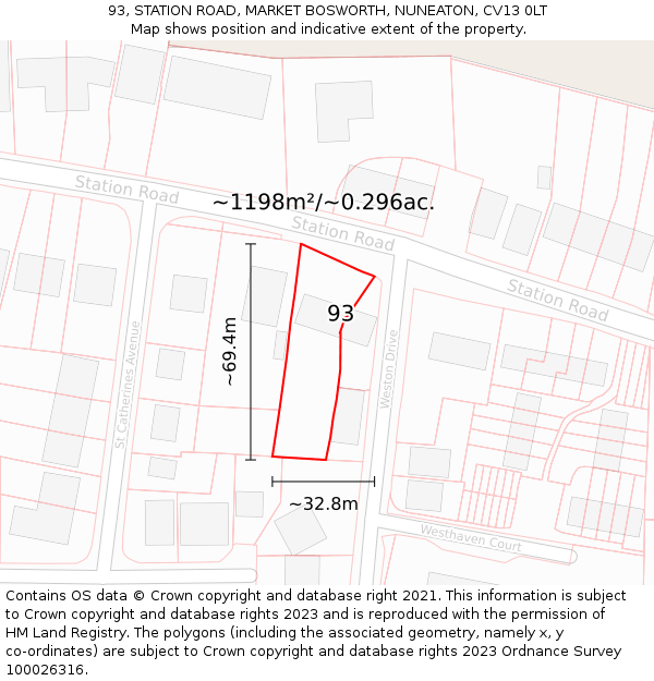 93, STATION ROAD, MARKET BOSWORTH, NUNEATON, CV13 0LT: Plot and title map