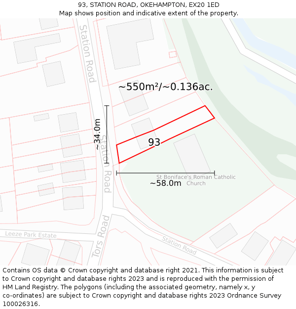 93, STATION ROAD, OKEHAMPTON, EX20 1ED: Plot and title map