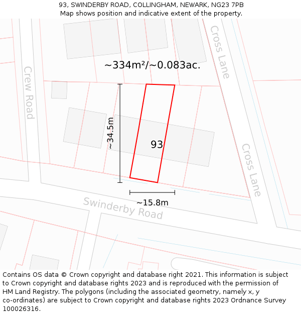 93, SWINDERBY ROAD, COLLINGHAM, NEWARK, NG23 7PB: Plot and title map