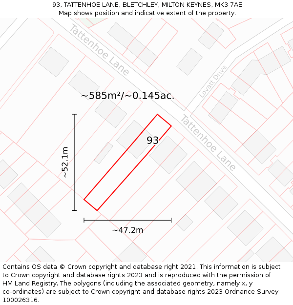 93, TATTENHOE LANE, BLETCHLEY, MILTON KEYNES, MK3 7AE: Plot and title map