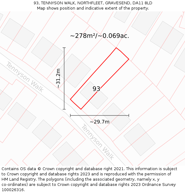 93, TENNYSON WALK, NORTHFLEET, GRAVESEND, DA11 8LD: Plot and title map