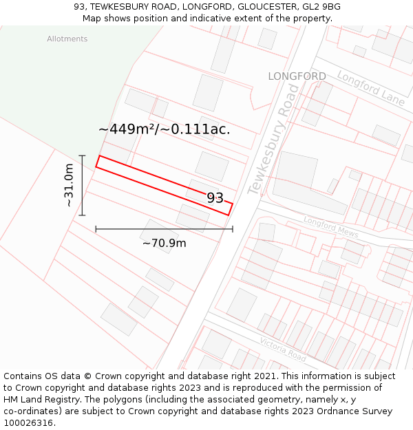 93, TEWKESBURY ROAD, LONGFORD, GLOUCESTER, GL2 9BG: Plot and title map