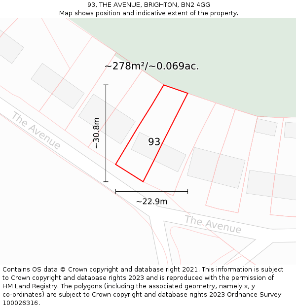 93, THE AVENUE, BRIGHTON, BN2 4GG: Plot and title map