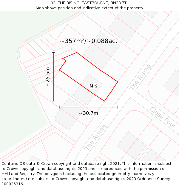 93, THE RISING, EASTBOURNE, BN23 7TL: Plot and title map