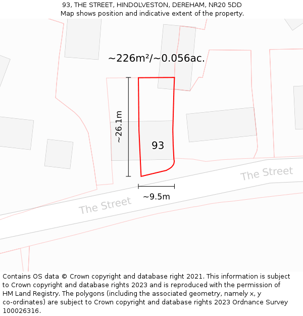 93, THE STREET, HINDOLVESTON, DEREHAM, NR20 5DD: Plot and title map