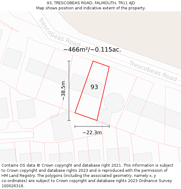 93, TRESCOBEAS ROAD, FALMOUTH, TR11 4JD: Plot and title map