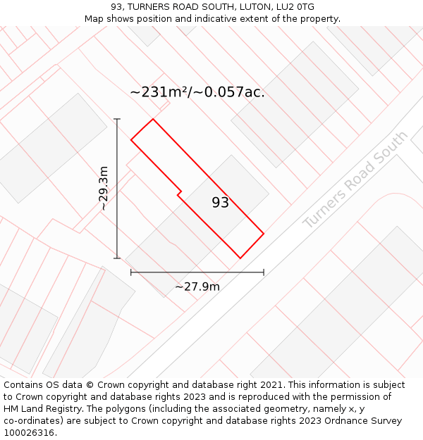 93, TURNERS ROAD SOUTH, LUTON, LU2 0TG: Plot and title map