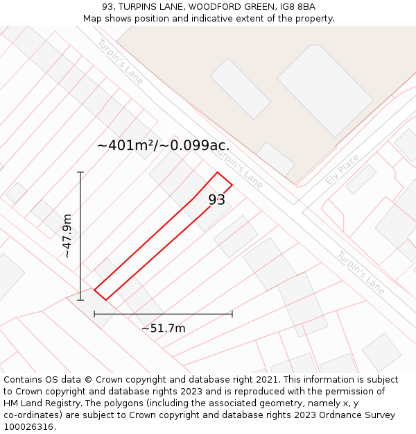 93, TURPINS LANE, WOODFORD GREEN, IG8 8BA: Plot and title map