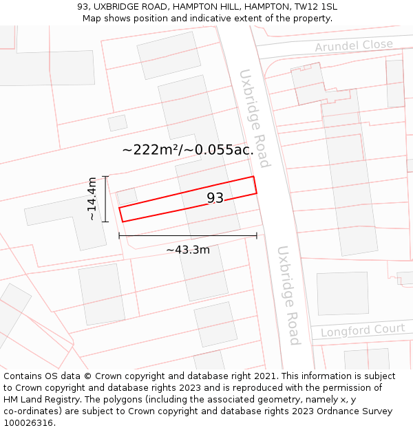 93, UXBRIDGE ROAD, HAMPTON HILL, HAMPTON, TW12 1SL: Plot and title map