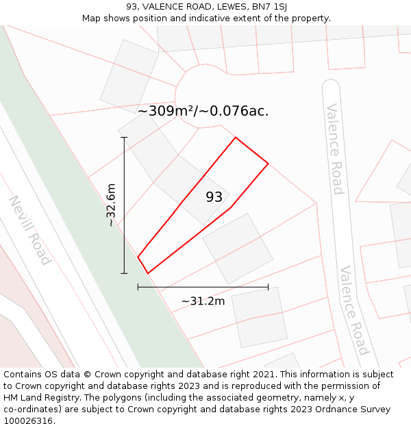 93, VALENCE ROAD, LEWES, BN7 1SJ: Plot and title map