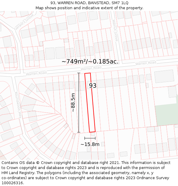 93, WARREN ROAD, BANSTEAD, SM7 1LQ: Plot and title map