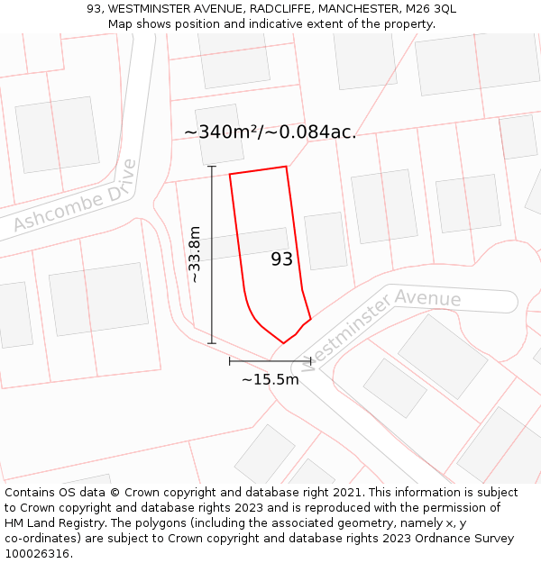 93, WESTMINSTER AVENUE, RADCLIFFE, MANCHESTER, M26 3QL: Plot and title map