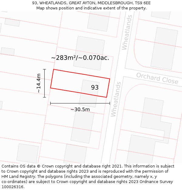 93, WHEATLANDS, GREAT AYTON, MIDDLESBROUGH, TS9 6EE: Plot and title map