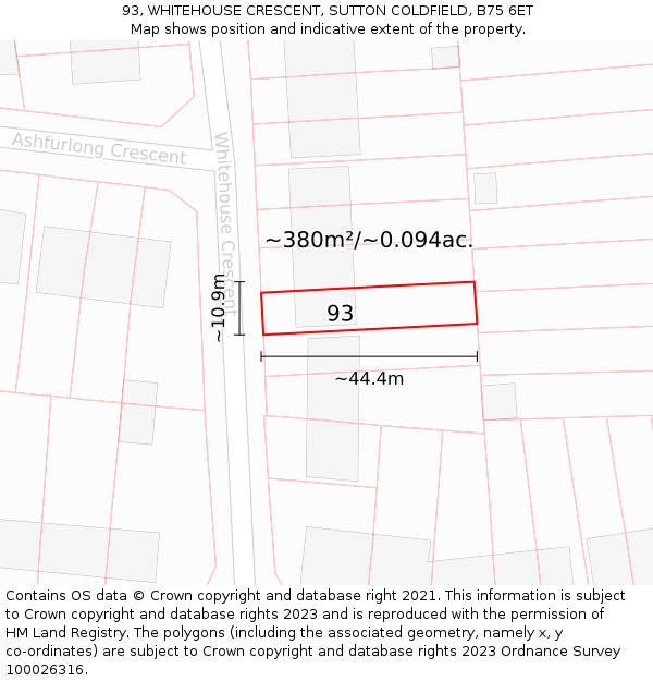 93, WHITEHOUSE CRESCENT, SUTTON COLDFIELD, B75 6ET: Plot and title map