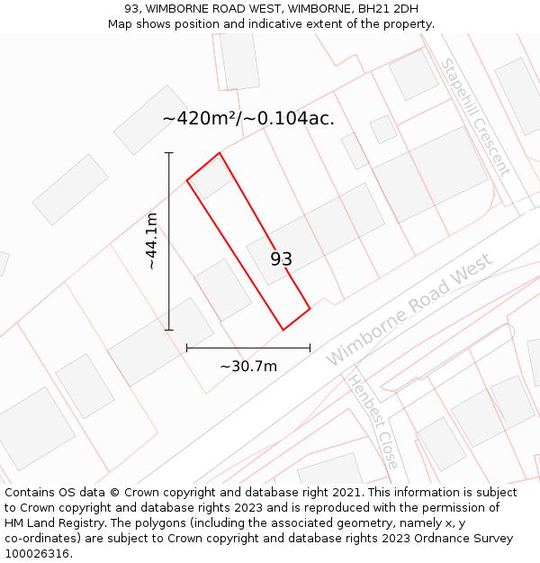 93, WIMBORNE ROAD WEST, WIMBORNE, BH21 2DH: Plot and title map