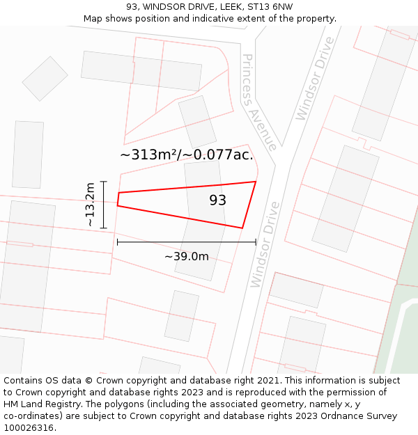 93, WINDSOR DRIVE, LEEK, ST13 6NW: Plot and title map