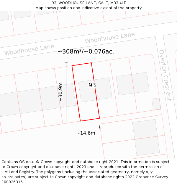 93, WOODHOUSE LANE, SALE, M33 4LF: Plot and title map