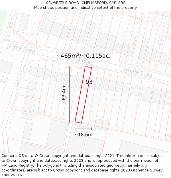 93, WRITTLE ROAD, CHELMSFORD, CM1 3BS: Plot and title map