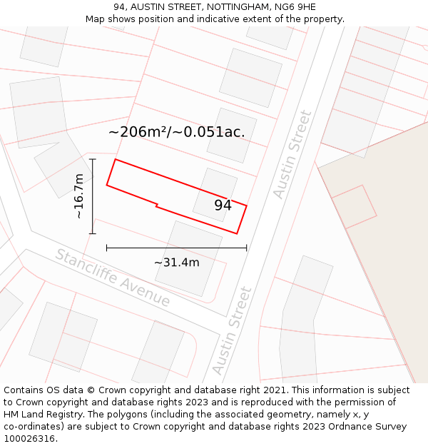 94, AUSTIN STREET, NOTTINGHAM, NG6 9HE: Plot and title map