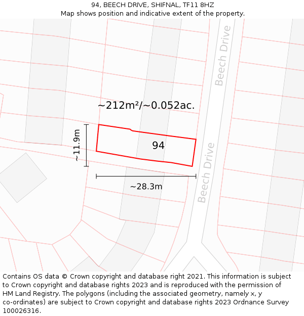 94, BEECH DRIVE, SHIFNAL, TF11 8HZ: Plot and title map