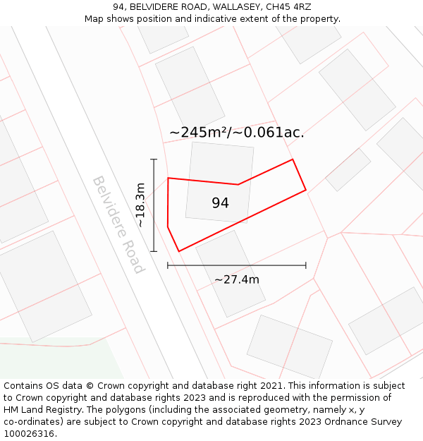 94, BELVIDERE ROAD, WALLASEY, CH45 4RZ: Plot and title map