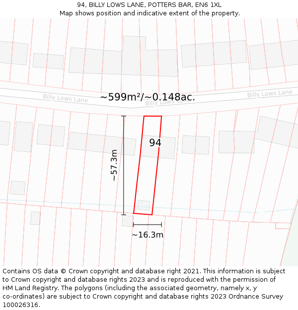 94, BILLY LOWS LANE, POTTERS BAR, EN6 1XL: Plot and title map