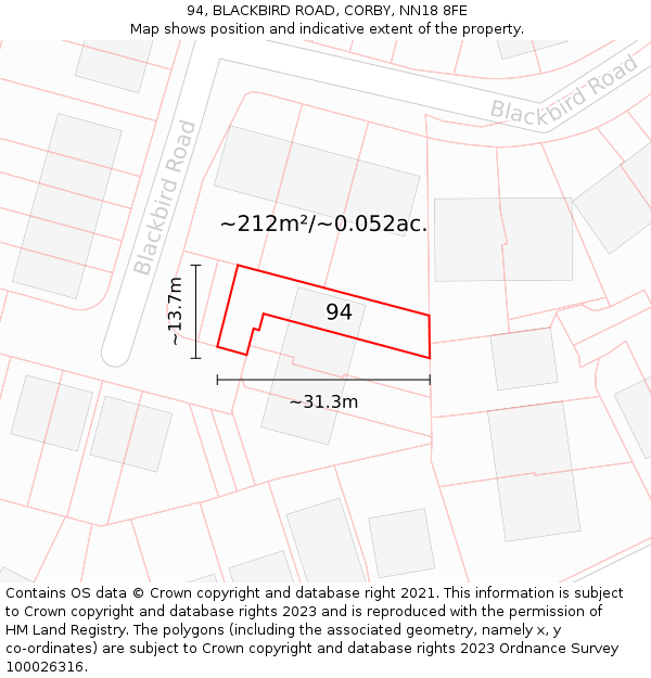 94, BLACKBIRD ROAD, CORBY, NN18 8FE: Plot and title map